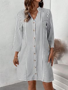 Women's Spring & Summer Striped 3/4 Sleeve V-Neck Single-Breasted Casual Straight Loose Dress Black and White Casual  Wrist-Length Sleeve Woven Fabric Striped Tunic Non-Stretch  Women Clothing, size features are:Bust: ,Length: ,Sleeve Length: Spaghetti Strap Summer Dress, Striped Tunic, Dress Black And White, Summer Stripes, Fashion Tights, Dress For Short Women, Vestido Casual, Loose Dress, White Casual