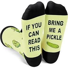 PICKLE SOCKSPickle socks women, pickle socks mens. The top of the socks features pickles, and the bottom is sewn with a hilarious hidden message: “IF YOU CAN READ THIS, BRING ME A PICKLE”. All of the words are stitched directly into the socks rather than iron-on transfer, so it won't peel off. These pickle gifts will make your fSIZE & PACKINGDill pickle socks. Fits most men US size 6-13 feet and most women US size 7 and up. 1 pair of pickleball socks comes in each plastic zippered Zmart bag. Medical Socks, Radiologist Gifts, Nurse Socks, Pickle Gifts, Food Socks, Dental Assistant Gifts, Socks Gifts, Whimsical Accessories, Funny Dresses