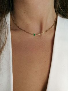 "Small faceted genuine emerald on dainty paperclip chain Made from tarnish resistant metals only - gold filled and PVD gold plated stainless steel (the metal is swetaproof/waterproof so you can wear it everyday without worries, the gold colour remains) Choose your lenght: 42 cm = 16.5\" (shown on model) 45 cm = 18\" 50 cm = 20\" Please note each gem is natural and unique but you will recieve always as beautiful as on the photo! Emerald is a birthstone for a month May You will recieve your neckla Green Link Chain Necklace As Gift, Green Link Chain Necklace For Gifts, Green Link Chain Necklace Gift, Dainty Green Jewelry With Delicate Chain, Green Delicate Chain Jewelry For Everyday, Green Delicate Chain Jewelry For May Birthstone, Delicate Green Necklace With May Birthstone, Green Minimalist Birthstone Necklace, Elegant Green May Birthstone Chain Necklace