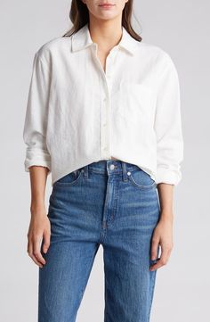 Madewell Linen Blend Boy Shirt | Nordstromrack Effortless Long Sleeve Cotton Top, Everyday Relaxed Fit Cotton Blouse, Relaxed Fit Cotton Blouse For Everyday, Cotton Blouse With Relaxed Fit For Everyday, Effortless Collared Cotton Shirt, Effortless Long Sleeve Cotton Shirt, Relaxed Cotton Shirt For Daywear, Fitted Everyday Shirt, Effortless Long Sleeve Cotton Blouse