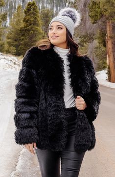 Soft-to-the-touch faux fur means luxurious texture in this statement-making jacket that's perfect for cool nights on the town. 28" length Front hook-and-eye closure Jewel neck On-seam pockets Lined 100% polyester faux fur Dry clean Imported Faux Fur Coat With Faux Fur Lining, Fall Faux Fur Outerwear With Feather Trim, Winter Faux Fur Coat With Feather Trim, Faux Fur Outerwear With Feather Trim For Cold Weather, Cold Weather Faux Fur Outerwear With Feather Trim, Fall Fur Coat With Feather Trim For Cold Weather, Women's Ponchos & Wraps, Fox Coat, Kids Vest