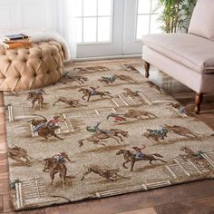 a rug with horses and jockeys on it in front of a couch next to a window