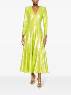 Find HUISHAN ZHANG Andy Sequinned V-neck Midi Dress on Editorialist. lime green silk lining sequin embellishment pleat detailing V-neck concealed rear zip fastening long sleeves shoulder pads ankle-length straight hem Green Sequin Dress, Huishan Zhang, Organza Gowns, Embellished Midi Dress, Embellished Maxi Dress, V Neck Midi Dress, Green Sequins, Halter Maxi Dresses, Pink Midi Dress