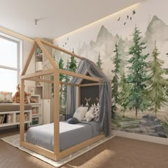 a child's room with a bed and mural