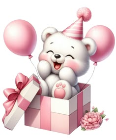 a white teddy bear sitting in a pink box with balloons and a bow on its head