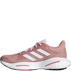 Adidas Womens Solarglide 5 Sneakers Pink Sneakers With Boost Midsole For Jogging, Pink Low-top Running Shoes With Medium Fit, Pink Low-top Running Shoes Medium Fit, Pink Athletic Sneakers With Cushioned Footbed, Pink Athletic Fit Sneakers For Light Sports, Pink Sporty Running Shoes, Pink Athletic Fit Low-top Sneakers, Pink Athletic Sneakers With Boost Midsole, Athletic Fit Pink Sneakers With Boost Midsole