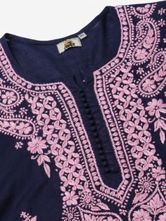 Chikan Kurti, Ethnic Kurti, Pink Cotton Fabric, Kurti For Women, Kurti Dress, Lucknowi Chikankari, Fabric Navy, Kurta Dress, Embroidery Suits