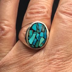 Please note that each ring is unique, one of a kind. The ring pictured is a sold example. Any ring purchased from this listing will have a similar look and feel and is returnable. Each ring is inlaid by hand using finest gem quality natural, undyed, untreated, blue to blue-green turquoise. This is very rare Nevada turquoise that is no longer mined or available that has been in my personal collection for almost 40 years. Each select piece of turquoise is carefully set in a hard and durable resin Blue Oval Rings With Inlay, Unique Turquoise Multi-stone Opal Ring, Unique Turquoise Opal Ring With Multi-stone Design, Unique Turquoise Jewelry With Polished Finish, Turquoise Oval Multi-stone Opal Ring, Handmade Turquoise Opal Ring With Unique Style, Elegant Turquoise Inlay Rings, Blue Turquoise Ring With Inlay, Artisan Turquoise Opal Ring