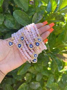 Milky pink beaded bracelet with an evil eye charm for protection ✨ Evil Eye Jewelry Bracelet, Mexican Bracelets, Pink Evil Eye, Latina Jewelry, Girly Bracelets, Gifts Best Friend, Pink Beaded Bracelets, Milky Pink, Crystal Bead Jewelry