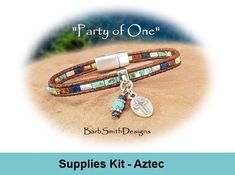 "This a Supplies Kit only - THIS KIT DOES NOT INCLUDE BRACELET INSTRUCTIONS! The tutorial for this bracelet is sold separately (see link at bottom). This Kit comes in two sizes: Small/Medium (5 1/2\"-6 3/4\") and Medium/Large (7\"-8 1/2\"). This beaded bracelet kit includes these supplies: 1.5mm Indian Leather Cord in Distressed Dark Brown (shown in bracelet photos) or Distressed Light Brown Half Tilas in Picasso Turquoise, Picasso Orange Red, Picasso Cobalt Blue and Antique White Cymbal \"Ornos Wrap Bracelet Ideas, Beaded Bracelet Tutorials, Southwest Fashion, Bracelet Instructions, Aztec Bracelet, Blossom Bracelet, Boho Style Bracelets, Bracelet Tutorials, Bracelet Kit