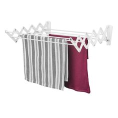 two towels hanging on a clothes line with one red and the other grey striped towel