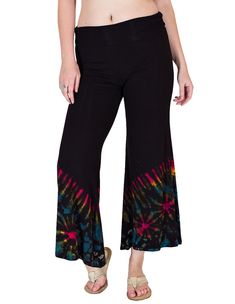 Carnival Hippie Pants in Black with Hand Tie Dye Effect | Multicoloured | Split-Skirts-Pants, Misses, Tie-Dye Bohemian Spring Bottoms With Flared Hem, Bohemian Black Pants, Black Cotton Wide Leg Flares, Black Fitted Wide Leg Pants With Flared Hem, Fitted Black Wide Leg Pants With Flared Hem, Black Full Length Yoga Pants For Spring, Black Full-length Yoga Pants For Spring, Black Full Length Flares For Spring, Cotton Flare Pants For Festivals