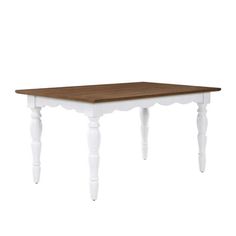 a wooden table with white legs and a brown top