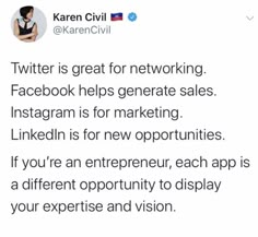 a tweet that reads twitter is great for networking facebook helps create sales instagrams