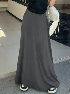 Women Gray Extra Long Relaxed A-Line Skirt Grey Casual   Knitted Fabric Plain A Line Medium Stretch  Women Clothing, size features are:Bust: ,Length: ,Sleeve Length: Long Grey Skirt Outfit, Gray Skirt Outfit, Long Grey Skirt, Grey Skirt, Work Fits, Hijab Outfits, Cute Fit, Elegant Dresses Long, Gray Skirt