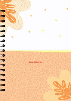 an open spiral notebook with orange and white flowers on the cover, next to a polka dot background