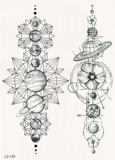 two drawings of different shapes and sizes, each with an image of planets in the center