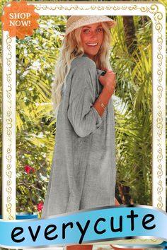 Gray Lightweight Shirt Style Beach Cover Up Casual V-neck Shirt For Beach Season, Summer V-neck Shirt For Vacation, V-neck Shirt For Summer Vacation, Relaxed Fit Long Sleeve Top For Beach Cover-up, Gray Short Sleeve Beach Top, V-neck Shirt For Beach Season Vacation, V-neck Shirt For Beach Vacation, Breezy V-neck Tops For Beach, Casual V-neck Blouse For Beach Season