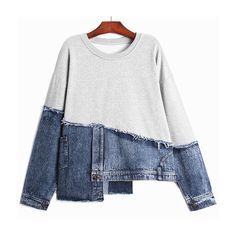 Casual Patchwork Sweatshirt For Layering, Trendy Washed Tops For Winter, Casual Denim Tops For Layering, Denim Blue Tops For Layering, Spring Layering Denim Tops, Denim Tops For Layering, Casual Denim Sweatshirt For Fall, Casual Denim Blue Top For Layering, Denim Crew Neck Top For Streetwear