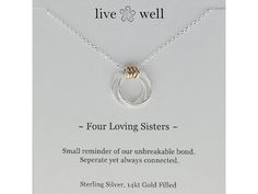 FOUR LOVING SISTERS NECKLACE Three Loving Sisters necklace with three hammered sterling silver hoops and three tiny 14kt gold filled hoops separate yet connected is a heartfelt expression of the powerful bond of sisterhood. A thoughtful gift to acknowledge and celebrate the meaningful relationship that exists between sisters, girlfriends, Mothers and daughters, coworkers, bridesmaids. Elegantly meaningful gift.Handmade in the USA. FOUR LOVING SISTERS NECKLACE DETAILS     Metal: Sterling Silver,1 Matching Sisters Necklaces, Sister Lockets Necklaces, Unbiological Sister Necklace, Necklace Sister, Sisters Necklace, Four Sisters, Sister Necklace, Gold Filled Hoops, Hammered Sterling Silver