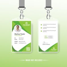 two green id cards with lanyards attached to each card, one has a man's face on it