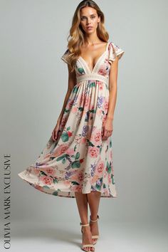 Olivia Mark - Elegant Floral Midi Dress with Ruffled Sleeves and Deep V-neckline Feminine Floral Print Midi Dress With Empire Waist, Bohemian Midi Dress With Surplice Neckline And Floral Print, Feminine Dresses With Surplice Neckline, Feminine V-neck Midi Dress For Garden Party, Feminine Midi-length V-neck Dress For Brunch, Feminine Midi Length V-neck Dress For Brunch, Feminine Floral Print Dress For Brunch, Feminine Floral Dress For Brunch, Feminine Surplice Neckline Midi Dress For Brunch