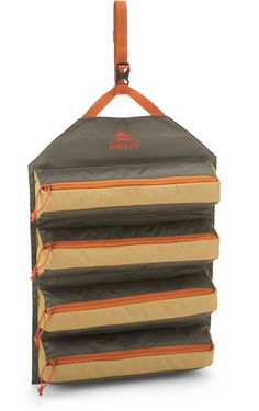 an orange and grey hanging storage bag with five compartments on the bottom, one in front of