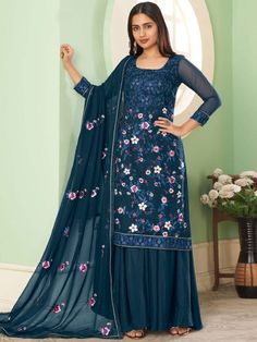 Blue Kameez, Blue Colour Suit, Modest Evening Dress, Palazzo Style, Georgette Tops, Palazzo Suit, Teal Blue Color, Salwar Kamiz, Prussian Blue