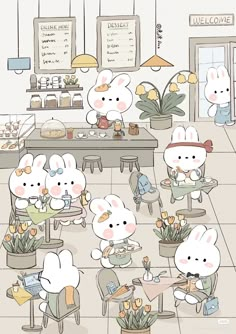 some little white rabbits sitting at a table in a room with plants and potted plants