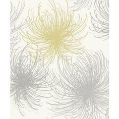 an abstract floral design in yellow and grey on a white wallpaper with gray lines