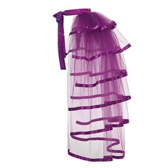 a purple dress with ruffles and ribbons on the bottom, in front of a white background