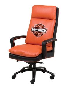 an orange office chair with the detroit fire department logo on it's armrest