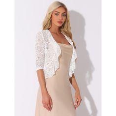 Women's lace cardigan ruffle hem 3/4 sleeve elegant shrug, beautifully designed lace bolero, elegant ruffle hem, and 3/4 sleeves make this a great outfit for any occasion. This lace bolero is perfect for the bride. Gorgeous! Perfect with your wedding dress. A favorite color in the fashion world, black complements any color, and looks gorgeous with this popular choice. Lace Shrug, Cropped Shrug, Lace Bolero, Bolero Shrug, Cardigan White, Shrug Cardigan, Lace Cardigan, Evening Wedding, Women's Jackets