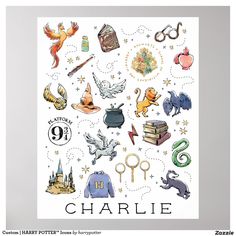 a napkin with the words charlie written on it and various images of animals, books, and other things