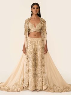 Golden Embroidered Cape And Palazzo Set by Varun Bahl available on Indiaspopup.com Reception Palazzo Set With Gold Embroidery, Festive Kaftan With Sheer Dupatta And Cape Sleeves, Festive Sheer Dupatta Kaftan With Cape Sleeves, Festive Designer Palazzo Set With Gold Embroidery, Designer Palazzo Set With Gold Embroidery For Eid, Evening Anarkali Set With Resham Embroidery And Cape Sleeves, Evening Anarkali Set With Cape Sleeves And Resham Embroidery, Traditional Drape Pant Set For Wedding, Party Anarkali Kaftan With Sheer Dupatta