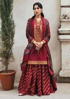 Deep Red Heavy Shirt Sharara Pakistani Eid Dresses is an outstanding attire with breathtaking artistry on it. This apparel with fine patterns on it appears to be a very decent option for any special event if you are looking for Pakistani Eid Dresses. Zara Shahjahan, Pakistani Formal Dresses, Pakistani Suits Online, Dobby Weave, Unstitched Dress Material, Eid Dresses, Embroidered Border, Luxury Wear, Lawn Suits