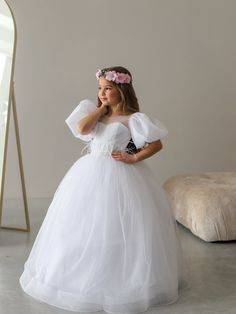 "White Lace First Communion dress with puffy sleeves and full sparkling tulle skirt, Flower Girl Dress, Wedding guest tulle dress, Baptism gown, Junior Bridesmaid dress.  2501-15-L - handmade white lace communion dress has trendy design and will be perfect outfit for your special occasion date - holy communion and baptism, wedding, flower girl or Junior Bridesmaid, photoshoot, fairy & princess Item material: upper layer of the skirt - satin and tulle, lace middle layer of the skirt - tulle   lower layer of the skirt - taffeta corset - satin, tulle, lace, taffeta, zipper Item color: white, off white, ivory, blush Size: 2-3-4-5-6-7-8-9-10-12-13-Custom Size The size chart is the picture of the listing. If your measurements do not match to those specified in the standard size chart, we can com First Holy Communion Dresses, Communication Ideas, Bridesmaid Photoshoot, Holy Communion Dresses, Dress With Puffy Sleeves, Skirt Satin, Skirt Tulle, Wedding Party Outfits, Baptism Gown