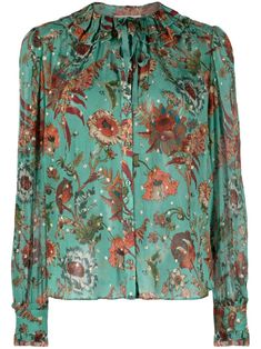 green silk blend all-over floral print ruffled detailing round neck front tie fastening front button fastening long sleeves straight hem Green Floral Blouse, Fur Coat Men, Cable Knit Sweater Womens, Floral Prints Pattern, Fur Coats Women, Floral Print Blouses, Green Blouse, Green Silk, Leather Jackets Women