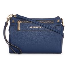 You'll love this Liz Claiborne Elly bag to elevate your evening looks. Crafted from pebbled two-tone faux leather decorated with the brand's logo, this convertible crossbody handbag has multiple pockets for your essentials and is accented with gold-tone hardware. Adjust the shoulder strap to your desired length or remove it to transform it into a clutch. Features: Removable StrapsClosure Type: ZipperPockets: 1 Inside Slip Pocket, 1 Inside Multi-Function PocketMetal Color: Gold ToneMeasurements: 1.75 Depth/Inches, 5.5 Height/Inches, 8 Width/InchesMax Strap Drop Length: 22 InchesBase Material: 100% Faux LeatherFabric Description: Faux LeatherLining Material: PolyesterCare: Wipe CleanCountry of Origin: Imported Convertible Crossbody Bag, Handbags Crossbody, Leather Decor, Blue Bags, Liz Claiborne, Handbag Accessories, Cross Body Handbags, Crossbody Bags, Convertible