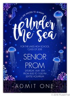 under the sea party flyer with jellyfish and corals in blue, purple and white