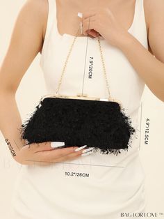 BagForLove - Chic Medium Chain Evening Bag with Clip Top - Perfect for Parties Product Description Color Black Details Fringe Magnetic No Strap Type Top Handle Bag Size Medium Style Glamorous Pattern Type Plain Type Square Bag Closure Type Kiss Lock Material Polyester Composition 100% Polyester Size Chart INCH CM Bag Height Bag Length Bag Width Handle Height Strap Length 0.8 inch 10.2 inch 4.9 inch 7.9 inch 46.5 inch Bag Height Bag Length Bag Width Handle Height Strap Length 2 cm 26 cm 12.5 cm 20 cm 118 cm Details Pictures Similar Products h2 { text-align: center; } /* æ¢è¡ */ li{ white-space: normal; word-break: break-all; word-wrap: break-word; } .red-box { width: 100%; display: flex; flex-direction: row; flex-wrap: wrap; justify-content: center; } .red-box > div { width: 190px; height Evening Handheld Chain Bag, Black Chain Bag Perfect For Gifts, Black Chain Bag For Gift, Event Pouch Bag With Chain Strap, Black Chain Bag As Gift, Black Bag With Chain Strap As Gift, Black Handheld Evening Bag With Chain Strap, Black Rectangular Evening Bag With Chain Strap, Black Party Bag With Chain Detail