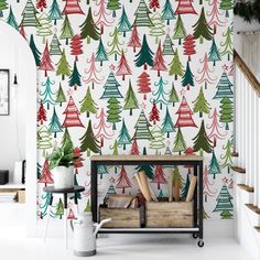 a room with christmas trees on the wall