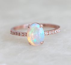 Opal Ring Simple, Rose Gold Opal Ring, Dream Rings, Dainty Engagement, Australian Opal Ring, Opal Diamond Ring, Opal Engagement Ring, White Opal Ring, Rainbow Opal