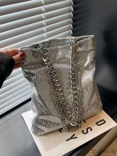 BirdinBag - Silver Sequin Metallic Chain Square Bag with Funky Decoration Silver Bag, Silver Bags, Details Pictures, Inch Bag, Word Wrap, Silver Sequin, Square Bag, Evening Bags, Sequin