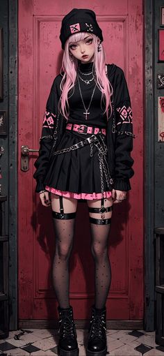 a woman with pink hair and black clothes standing in front of a red door