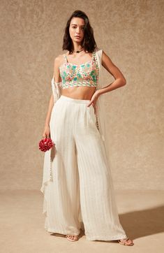 Chamee And Palak-Off-White Asmi Pant And Jacket Set-INDIASPOPUP.COM Georgette Jacket, White Bustier, Fabric Pants, Summer Colours, Vacuum Storage, Embroidered Crop Tops, Lehenga Blouse, How To Hem Pants, Striped Jacket