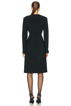 Self: 93% virgin wool 4% elastane 3% polyamide, Lining: 60% viscose 40% polyester, Lining: 100% cotton.  Made in Italy.  Dry clean only.  .  .  .  .  .  .  .  .  .  .  .  .  . Fitted Knee-length Viscose Dress, Long Sleeve Midi Dress For Business In Winter, Stretch Viscose Dress For Work, Fitted Midi Dress With Structured Shoulders And Long Sleeves, Fitted Long Sleeve Midi Dress With Structured Shoulders, Elegant A-line Midi Dress In Elastane, Elegant A-line Midi Dress, Fitted Wool V-neck Dress, Knee-length Viscose Midi Dress For Work