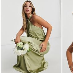 Brand New With Tags, Bought Two Sizes For My Friends Wedding - Wore The Other! Asos Sage Green, Halter Neckline, Gown | Bridesmaid Gown | Formal Light Green Bridesmaid Dresses, Green Dress Formal, Green Satin Bridesmaid Dresses, Sage Green Maxi Dress, Satin Halter Dress, Sage Bridesmaid Dresses, Green Satin Dress, Pretty Lavish, Gown Bridesmaid