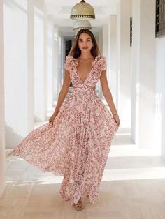 Ruffle Floral Split Long Dress Vacation Party Beach beach fashion Fashionsarah.com Long Dress Vacation, Beach Wedding Attire For Guest Women, Dress For Garden Party, Pink Floral Long Dress, Moh Dress, Wedding Guess, Pink Chiffon Dress, Womens Active Wear Outfits, Ruffles Dress