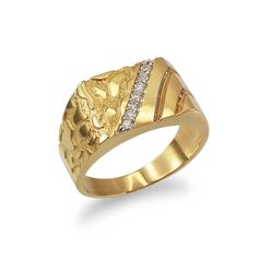 Gold Nugget Design Rectangular Diamond Accent Ring. Metal: Yellow Gold.Available in 10k and 14k.Weight: 6.4 g (10k); 7.5 g (14k).Top band width: 0.45 inch (11.7 mm).Bottom band width: 0.14 inch (3.5 mm).Finish: high polish.Stones: Diamond.Stone diameter: 1.7 mm.Stone quantity: 7.Clarity: SI 1-2.Color: G-H.Total carat weight: 0.1 ct. (Approximate).Gender: Men's. Made in Los Angeles, USA. Mens Ring Designs, Mens Gold Rings, Gold Ring Designs, Los Angeles Usa, Top Band, Gold Nugget, Ring Metal, Men's Rings, Gold Jewelry Fashion